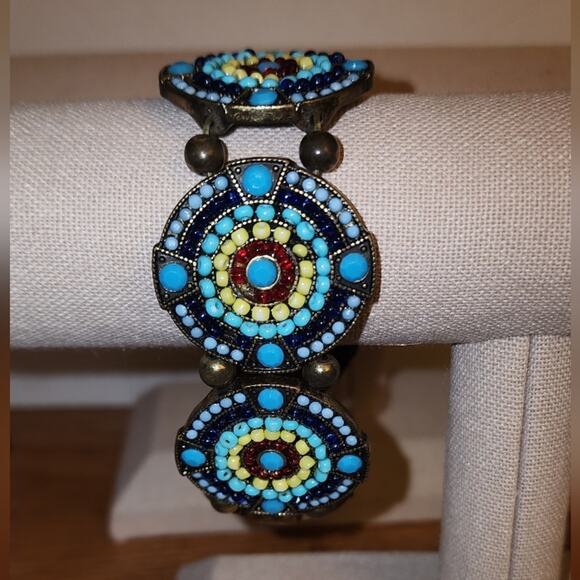 American Vintage Jewelry - CABOCHON FOCA EUC TURQUOISE BRONZE 7.5" STRETCH BRACELET